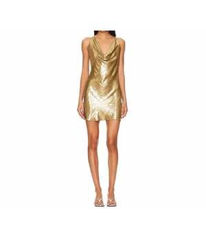 My Beachy Side Metallic Gold Cowl Neck Beaded Strap Mini Dress Size S